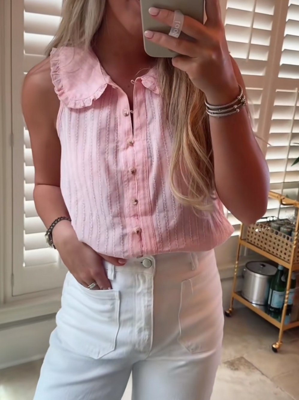 Sleeveless Pink Button-Front Eyelet Top